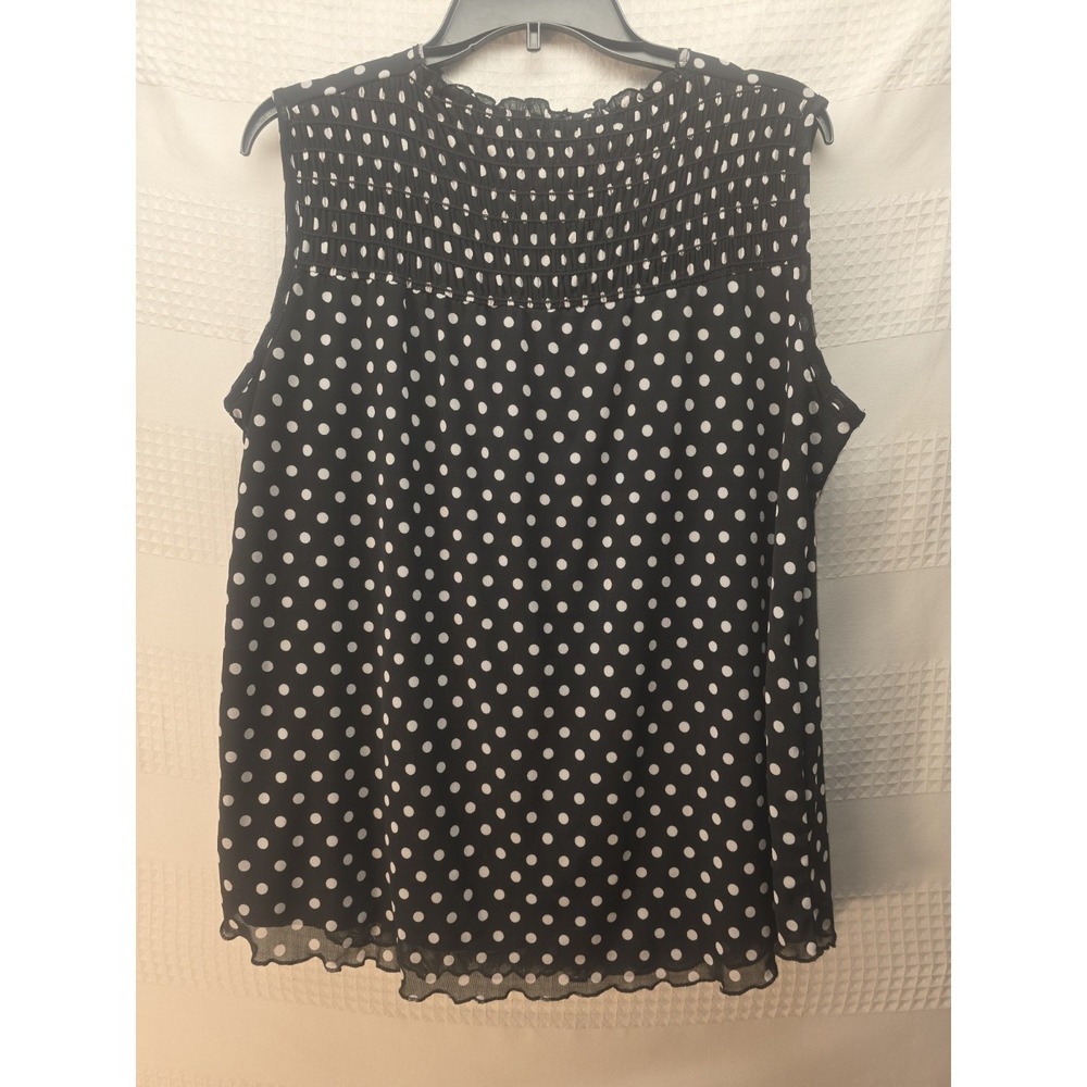 Kim & Cami Blouse Womens Large Black White Polka Dot Chiffon Pleated Sleeveless